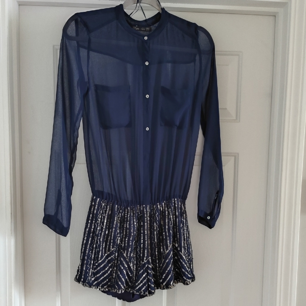 Zara Navy Sheer Long-Sleeve Tunic Romper with Sequin Shorts